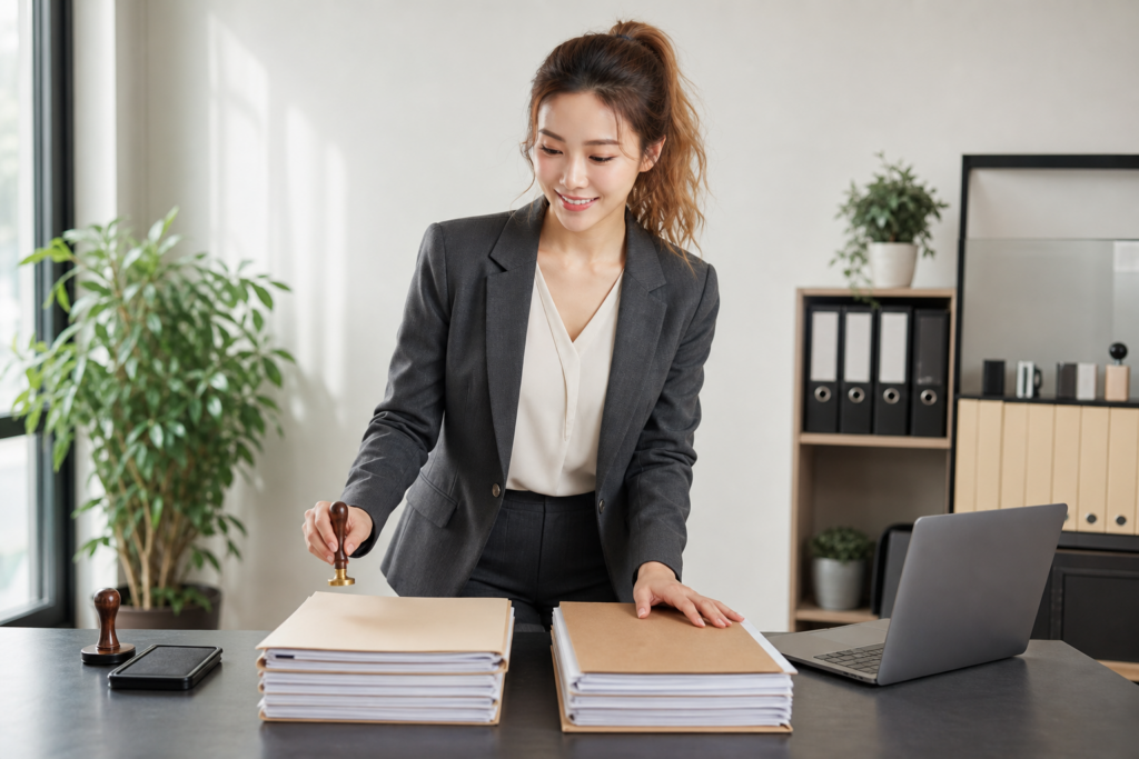 번역 컨설턴트가 책상 위에 놓인 두 서류 묶음의 순서를 대조하며 아포스티유 도장을 확인하고 있다