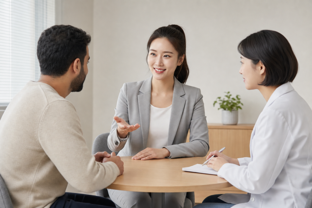 연회색 재킷을 입은 통역사가 병원 진료실에서 환자 쪽으로 몸을 기울여 손짓으로 설명하는 모습