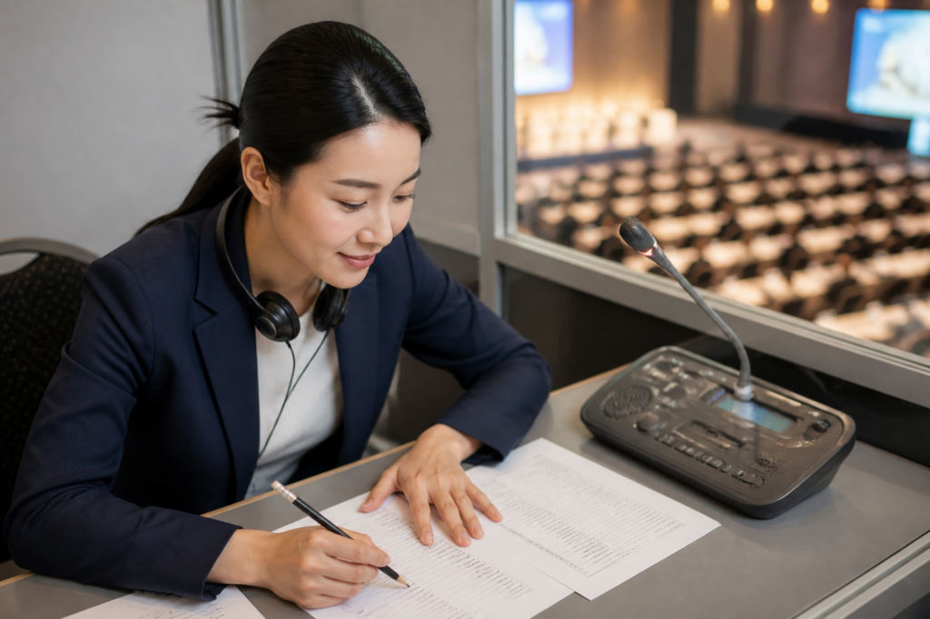 동시통역 시작 전 부스에서 아젠다와 용어집을 미리 검토하는 통역사