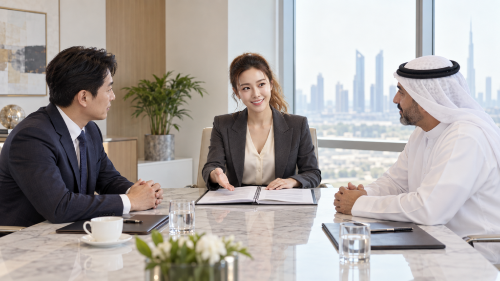 회의실 탁자에서 한국인 임원과 흰 토브 차림의 걸프 사업가 사이에 앉은 컨설턴트가 펼쳐진 서류철을 가리키며 설명하는 모습